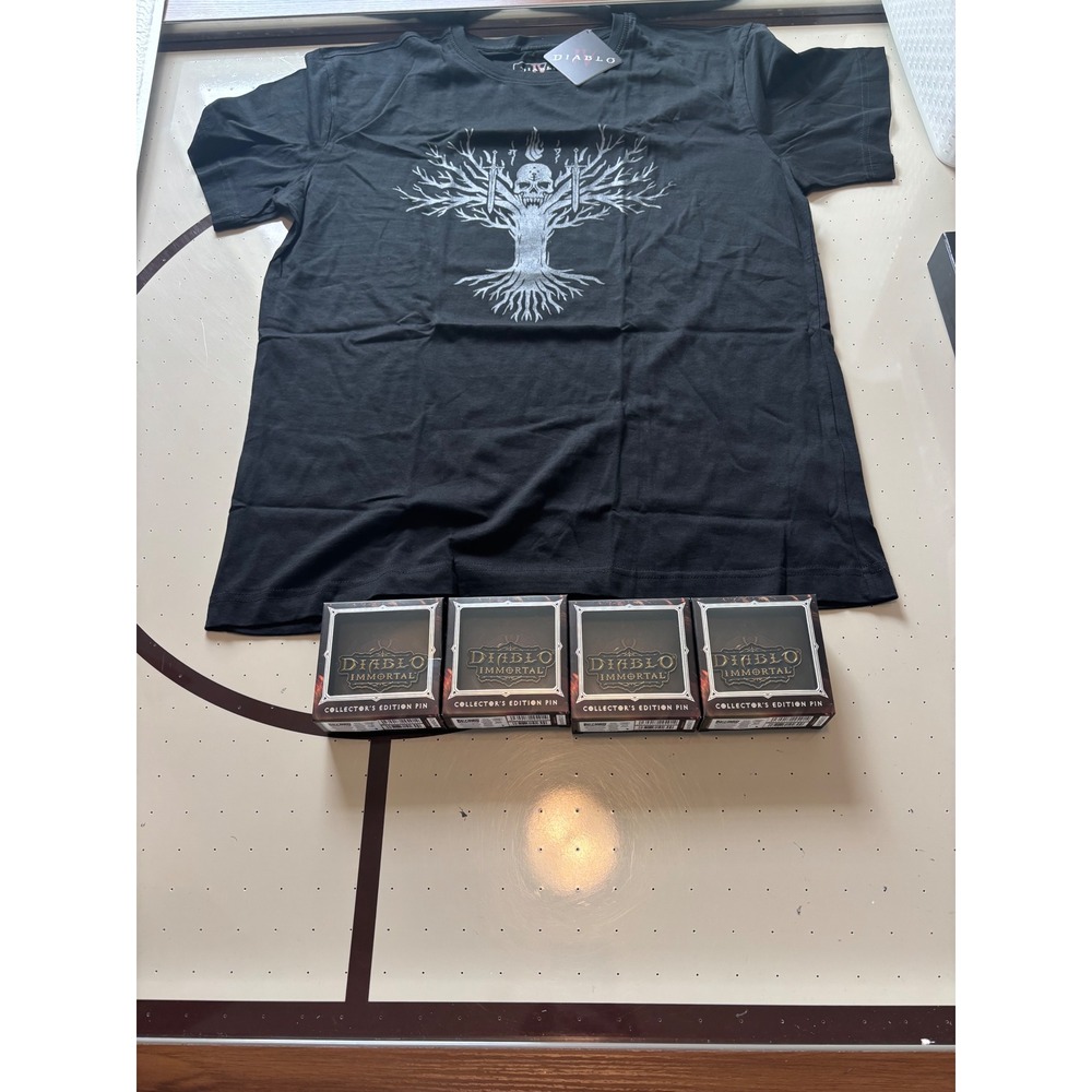 Diablo IV Tree of Whispers T-Shirt XL Black & 4 Diablo ImmortalCollectorPins NEW